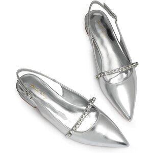 Women Silver Polyurethane (PU) Rhinestone Pointed Toe Slingback Flats Shoes